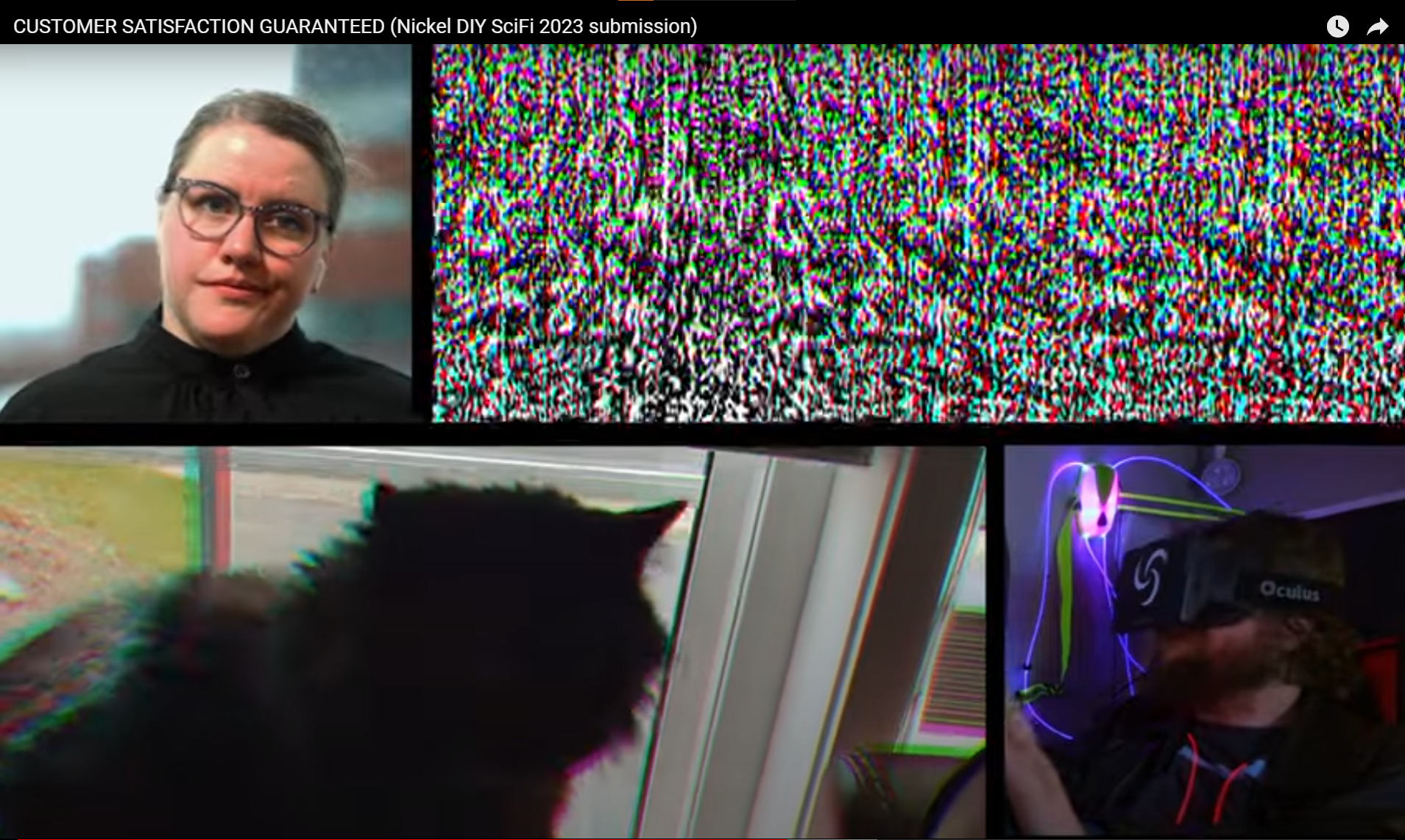 A 4 way split screen with a serious looking woman, static, a black cat in a window, and a man wearing a complicated device over his eyes.